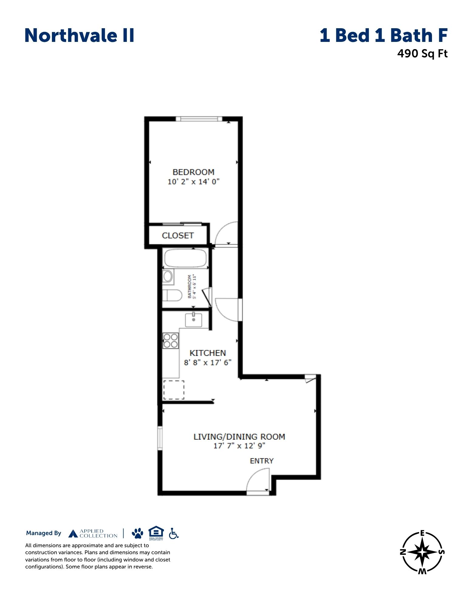 Floor plan for 1 bed, 1 bath, 490 sqft